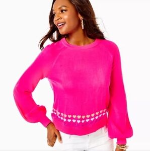 Lilly Pulitzer Alyona Sweater in Pink Grenadine Crewneck Heart Jacquard Detail